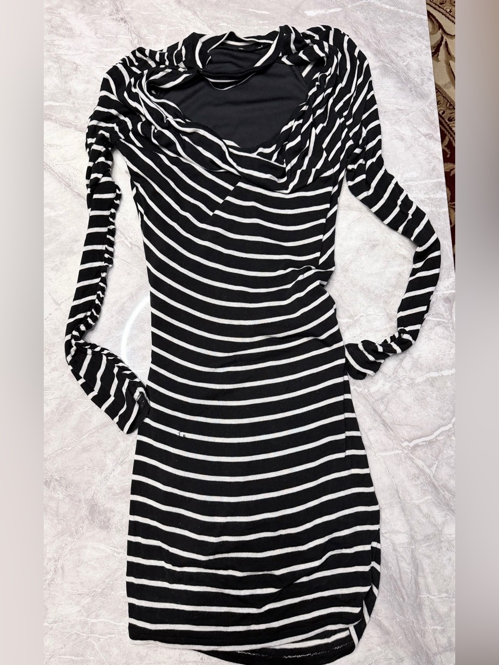 Guess Black and White Striped Long Sleeve Cowl Neck Dress